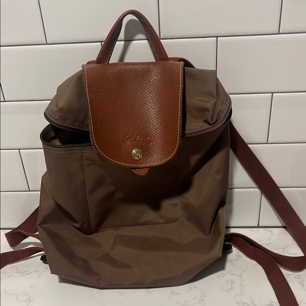 Longchamp Brown Leather-Trimmed Backpack